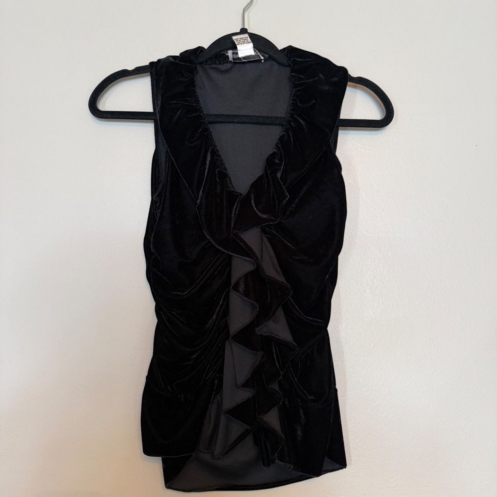 Black Velvet Ruffle Front Sleeveless Buttons Top XS Vintage Goth Whimsical Fairy